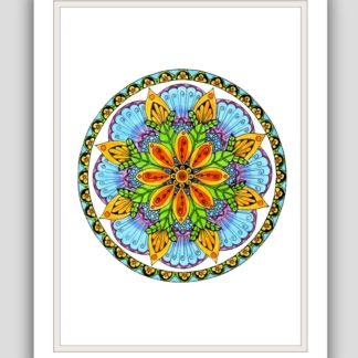 Mandala - hand drawn and coloured -blue , orange and yellow