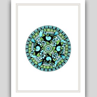 Mandala - hand drawn and coloured -birds - blue & green